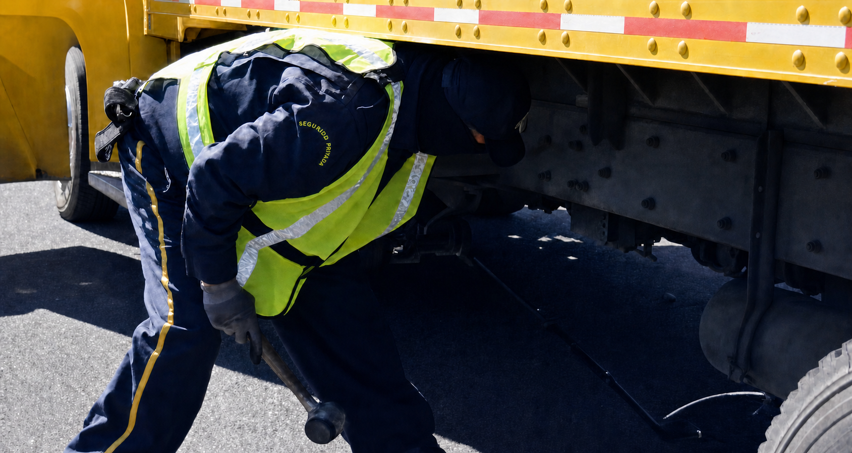 Guardia de seguridad SPP revisando los bajos de un camión de carga en acceso vehicular de maquiladora