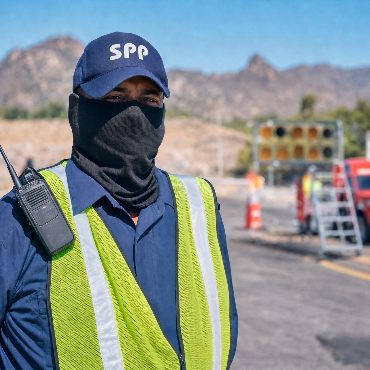 Guardia de seguridad SPP con radio en operación minera en Sonora