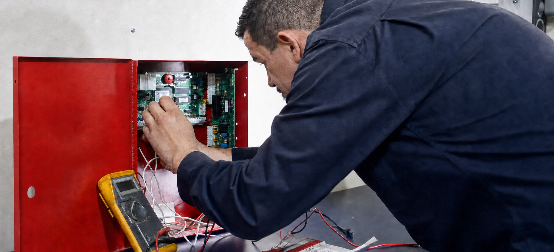 Técnico SPP revisando el panel de alarma con multímetro