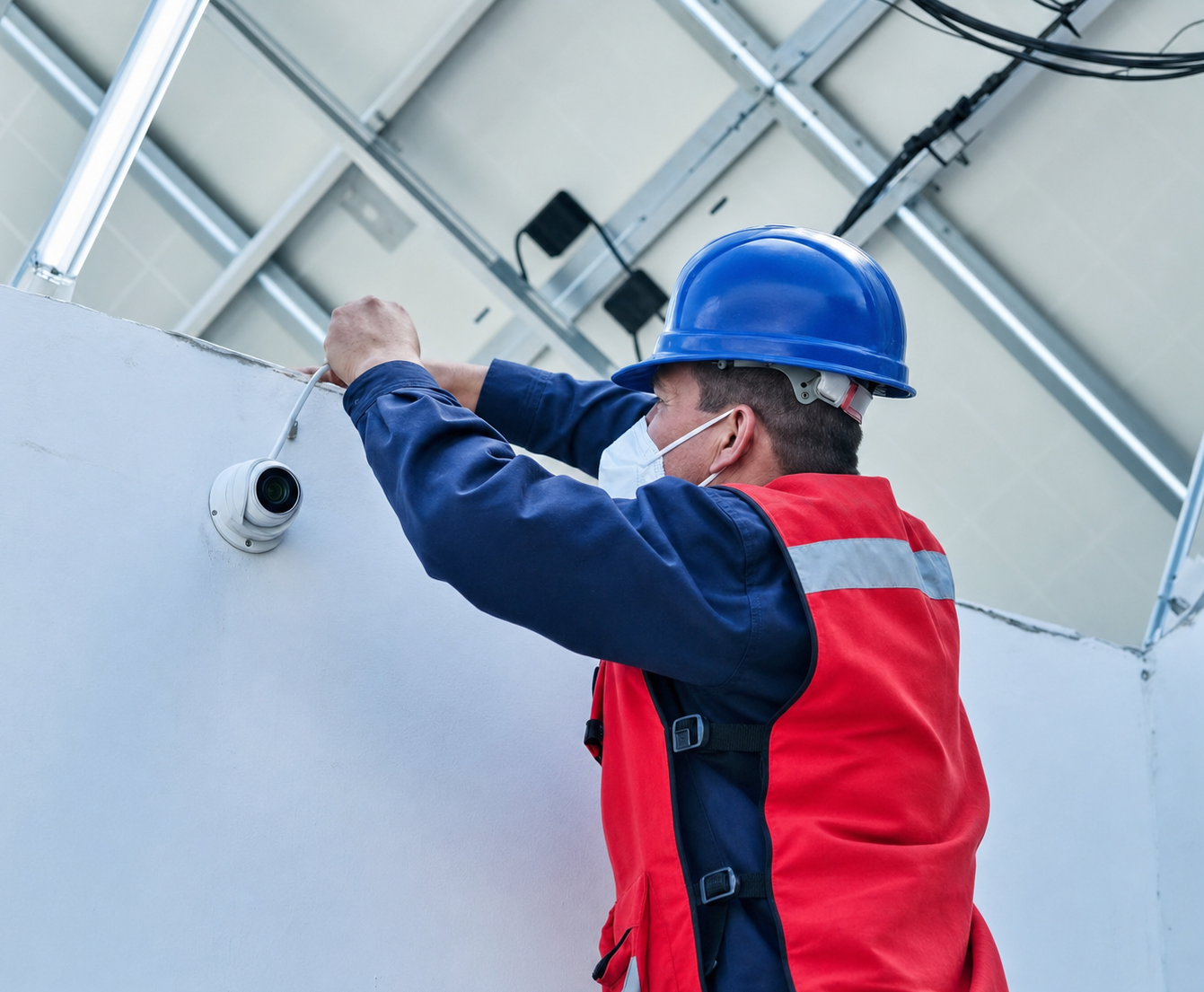 Técnico SPP instalando una cámara de seguridad CCTV