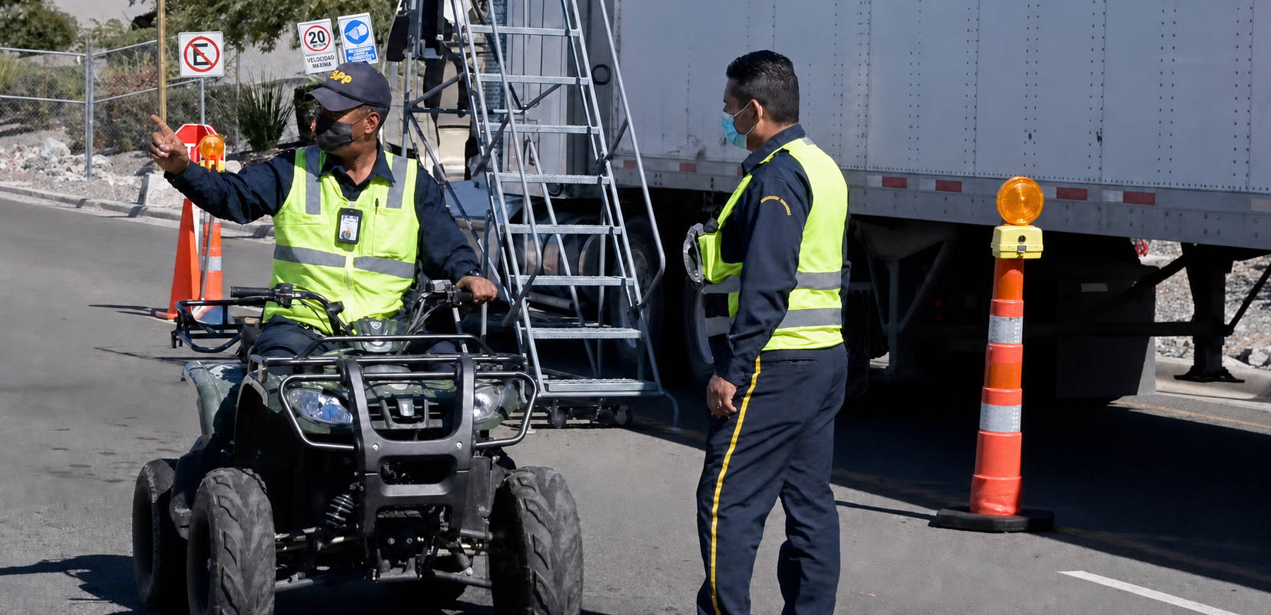 Guardias de seguridad SPP con cuatrimoto en patrullaje perimetral de parque industrial en Sonora